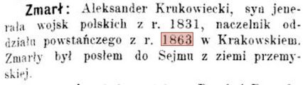 Krukowiecki Aleksander  - Powstaniec Styczniowy - nekrolog 