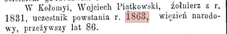 Piątkowski Wojciech - nekrolog weterana 1831 r i 1863 r.